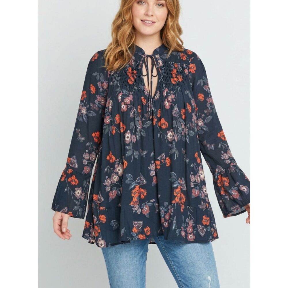 Free People Pebble Crepe Floral So Fine Smoked Boho Tunic Top Women's Size Small